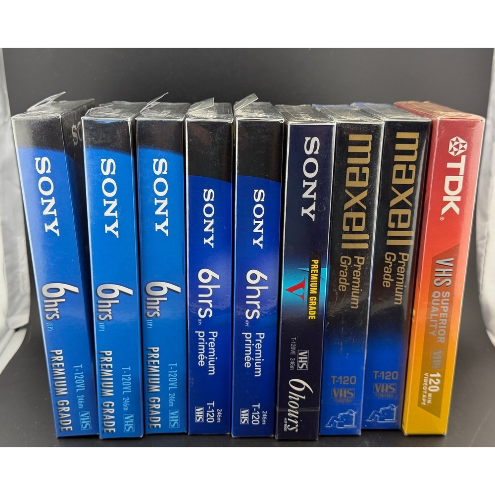 Blank VHS Tapes Lot of 9-Sony, Maxell, TDK, T120, 6 Hr Premium Grade, Sealed